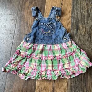 Girls 24M Plaid Dress Jumper Denim Overall Top Pink Green Ruffle Skirt